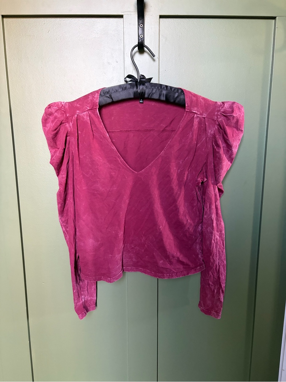 7 For All Mankind Rose-Pink V-Neck Puff Sleeve Top